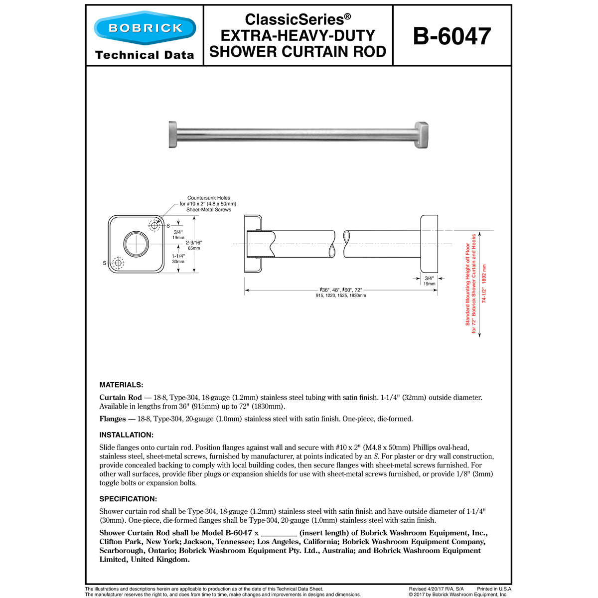 Bobrick B-6047-25 Shower Curtain Rod Mounting Kit for Bobrick Model B-6047 Series