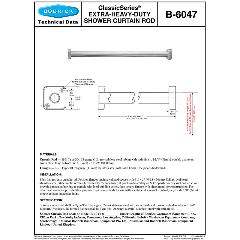 Bobrick B-6047x36 Heavy-Duty Shower Curtain Rod, 36" Length, Stainless Steel