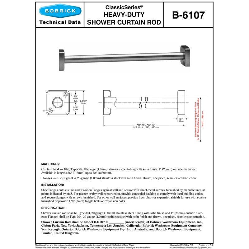 Bobrick B-6107x72 Heavy-Duty Shower Curtain Rod, 72" Length, Stainless Steel