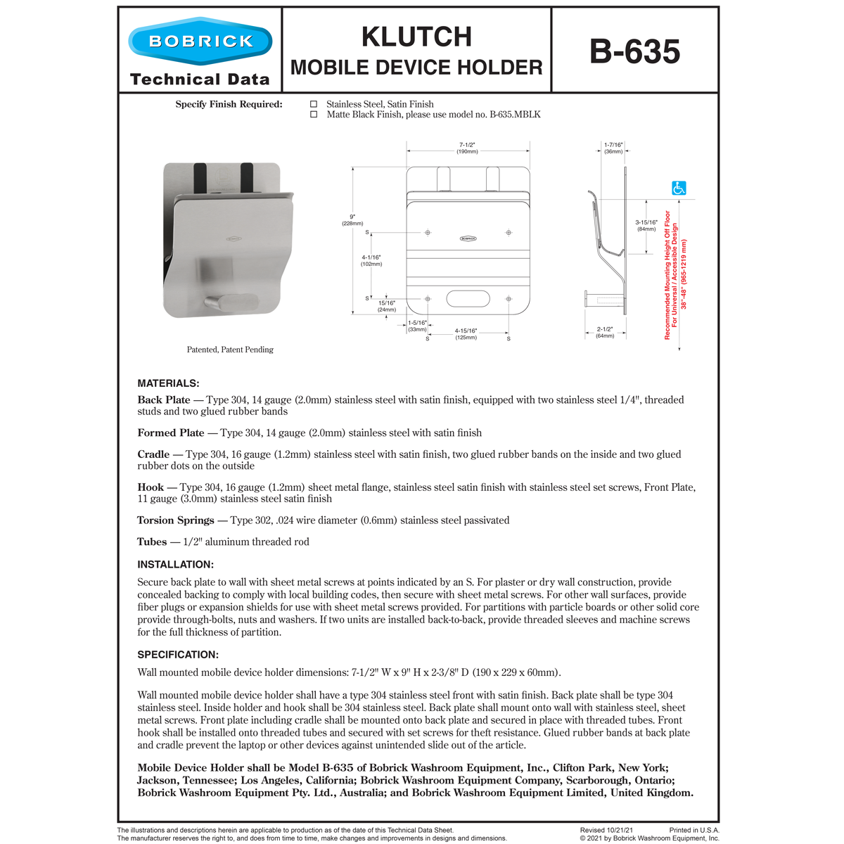 Bobrick B-635 Klutch Mobile Device Holder