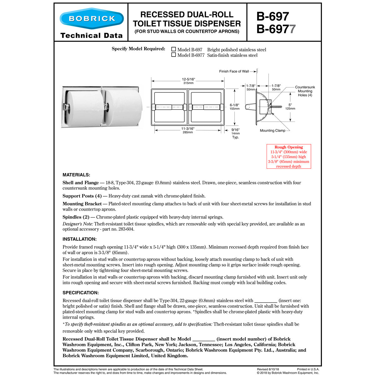 Bobrick B-697 Commercial Toilet Paper Dispenser, Recessed-Mounted, Stainless Steel w/ Bright-Polished Finish