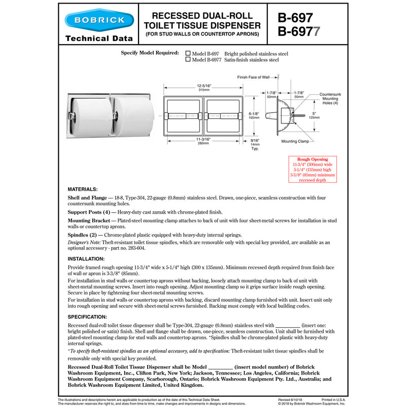 Bobrick B-697 Commercial Toilet Paper Dispenser, Recessed-Mounted, Stainless Steel w/ Bright-Polished Finish