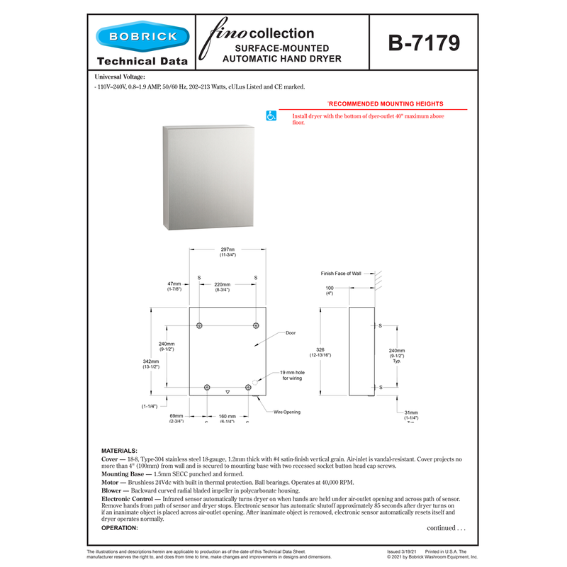Bobrick B-7179 Fino Hand Dryer, ADA Compliant, 110 - 240 Volts