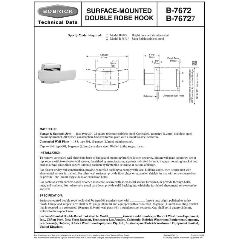 Bobrick B-7672 Commercial Double Robe Hook, Stainless Steel w/ Bright Finish