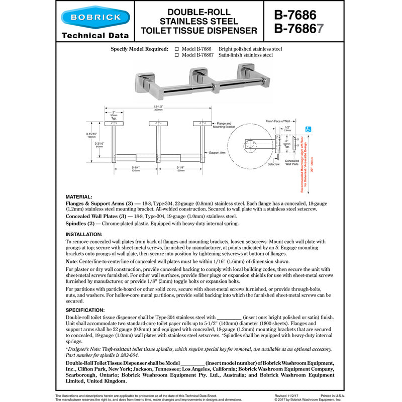 Bobrick B-76867 Commercial Toilet Paper Dispenser, Surface-Mounted, Stainless Steel w/ Satin Finish