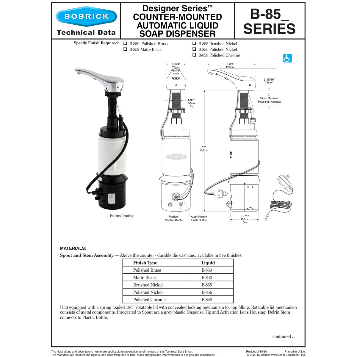 Bobrick B-855 Commercial Liquid Soap Dispenser, Countertop Mounted, Touch-Free, Polished Brass w/ Nickel Finish - 6.75" Spout Length
