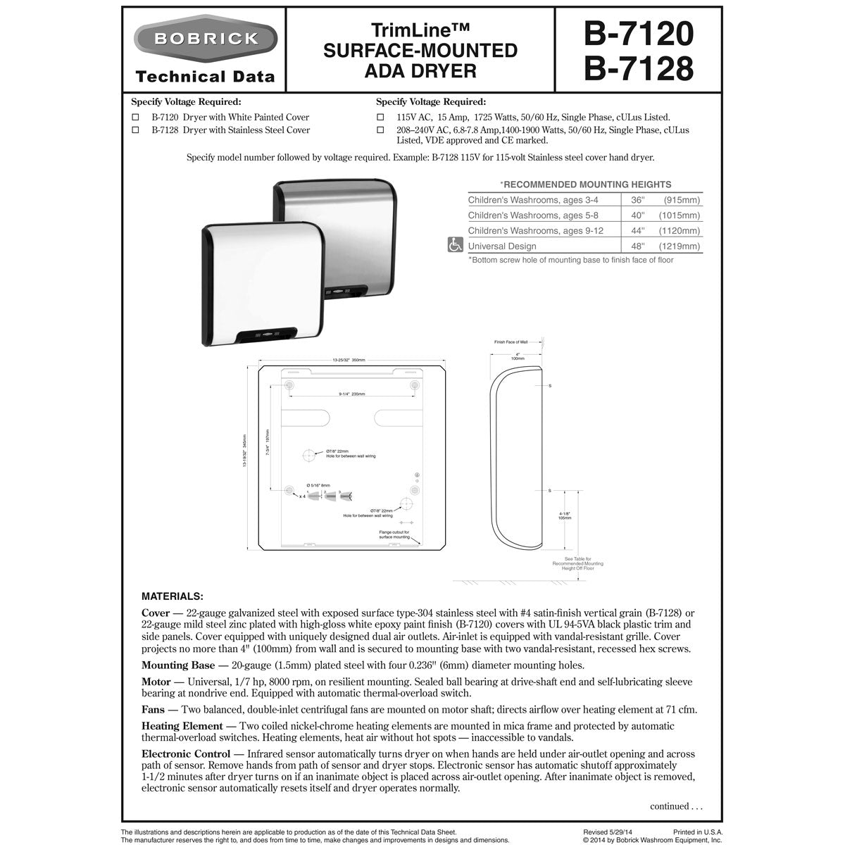 Bobrick B-7120 Automatic Hand Dryer, 230 Volt, Surface-Mounted, White Painted Cover