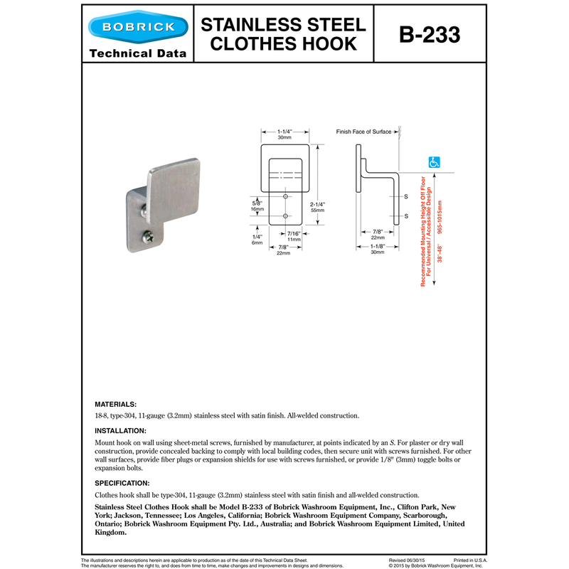 Bobrick B-233 Commercial Double Robe Hook, Stainless Steel w/ Satin Finish