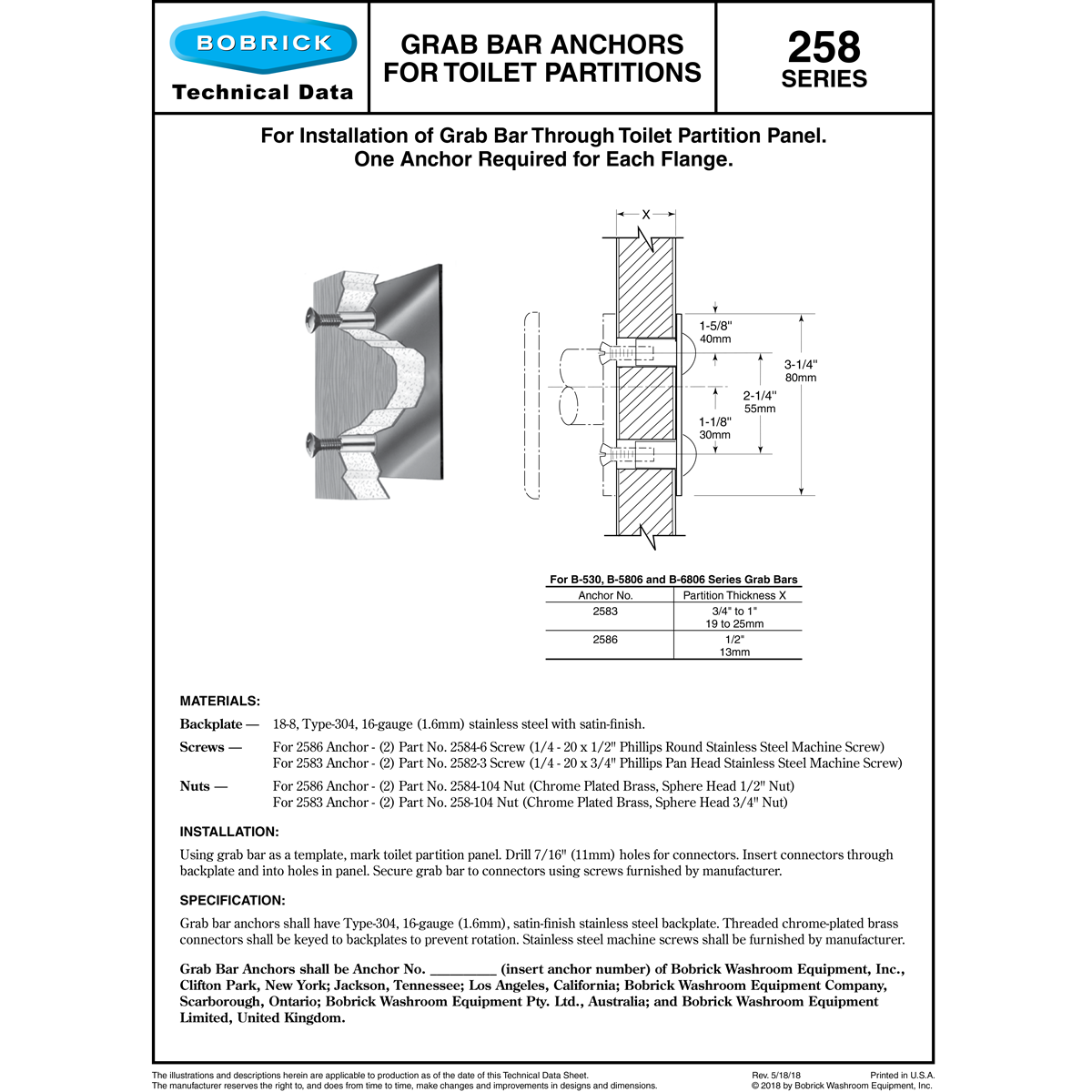 Bobrick B-2586 Commercial Grab Bar Anchor for use with Bobrick 1/2" Panels