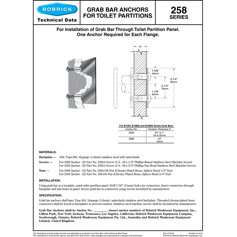 Bobrick B-2586 Commercial Grab Bar Anchor for use with Bobrick 1/2" Panels