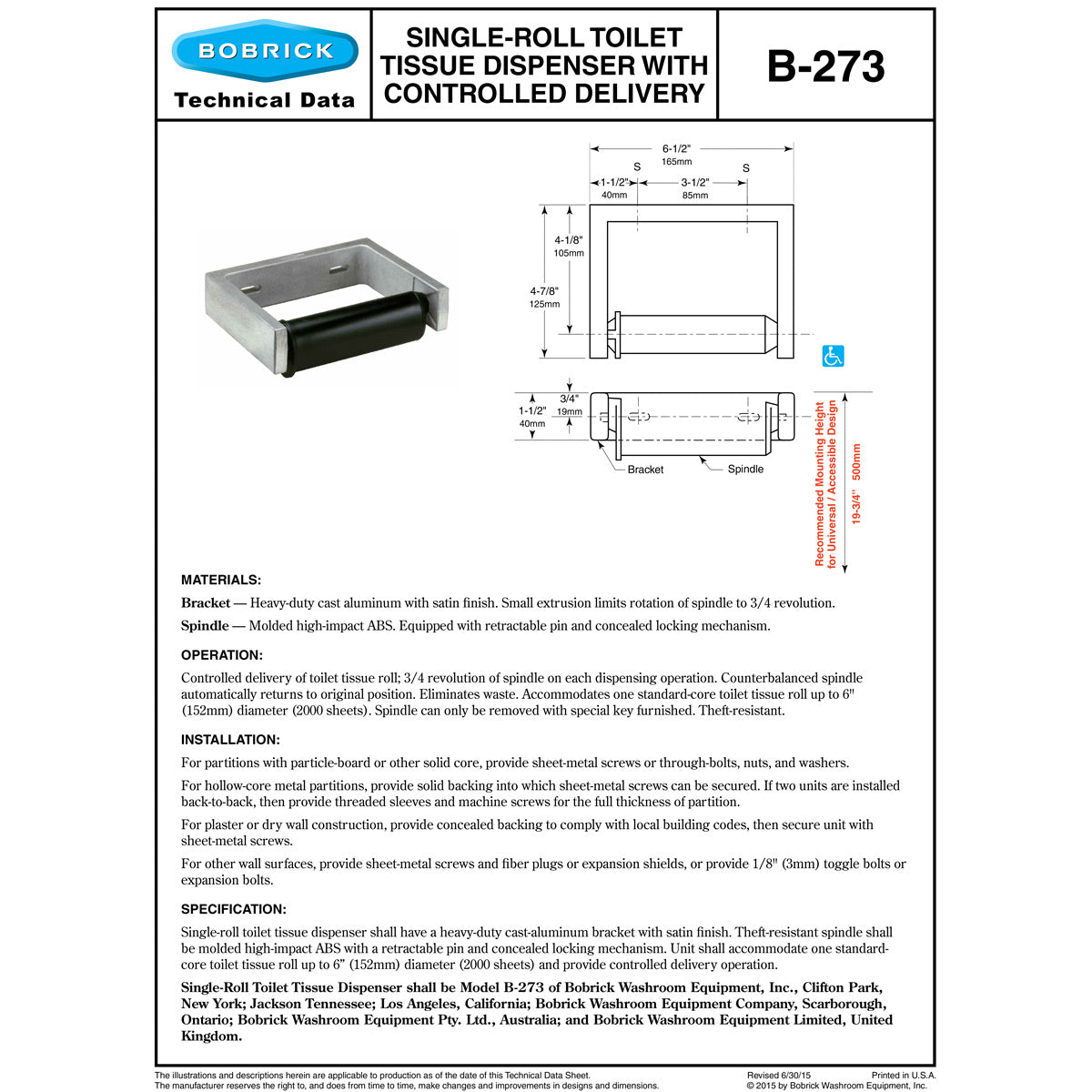 Bobrick B-273 Commercial Toilet Paper Dispenser, Surface-Mounted, Stainless Steel w/ Satin Finish