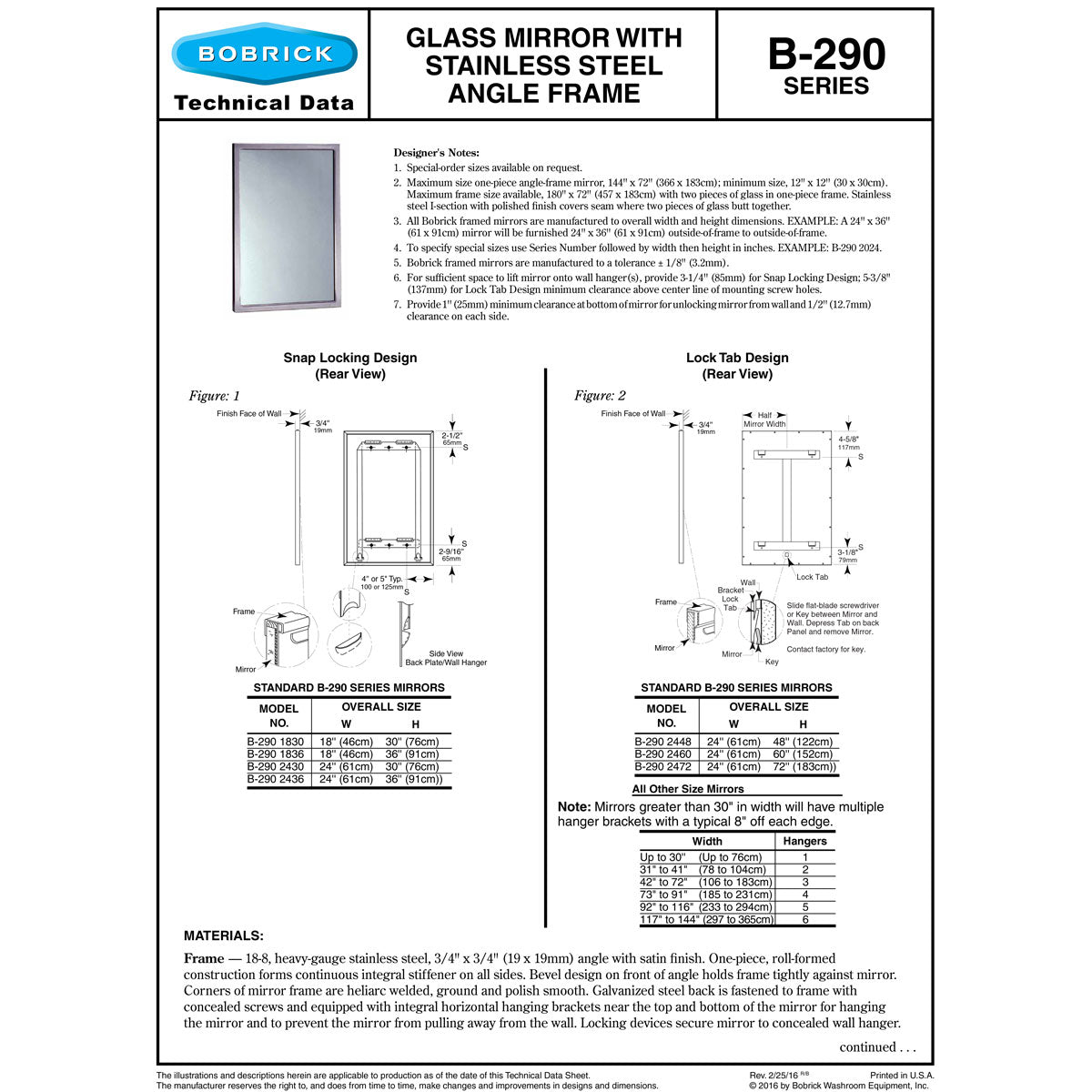 Bobrick B-290.2472 (24 x 72) Welded-Frame Mirror, 24"W x 72"H