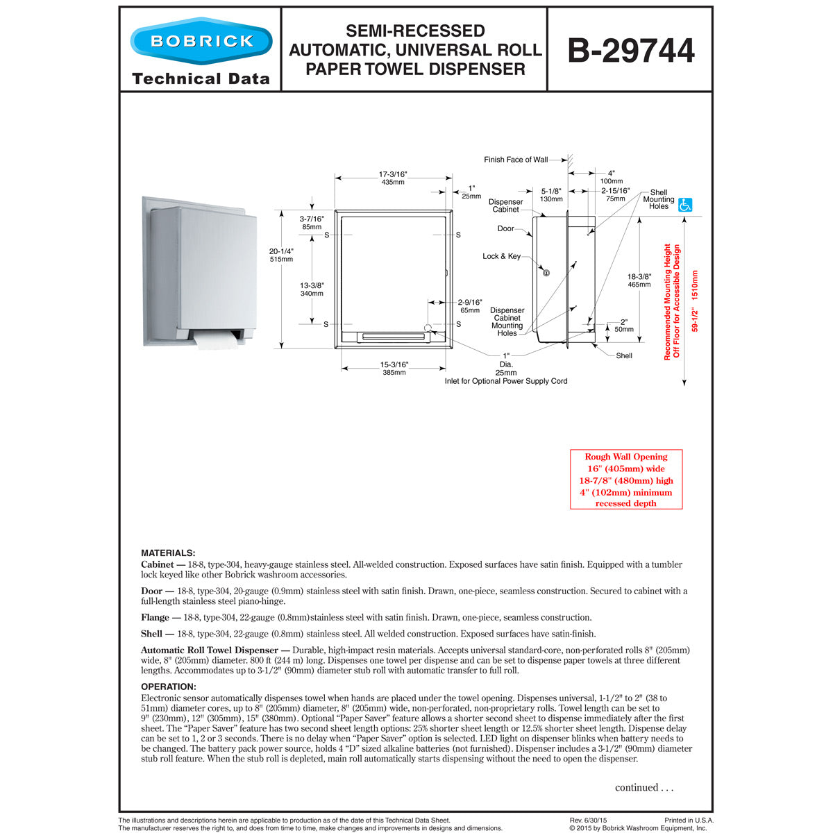 Bobrick B-29744 Automatic Commercial Paper Towel Dispenser, Semi-Recessed-Mounted, Stainless Steel