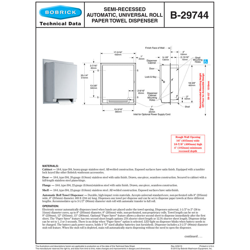 Bobrick B-29744 Automatic Commercial Paper Towel Dispenser, Semi-Recessed-Mounted, Stainless Steel