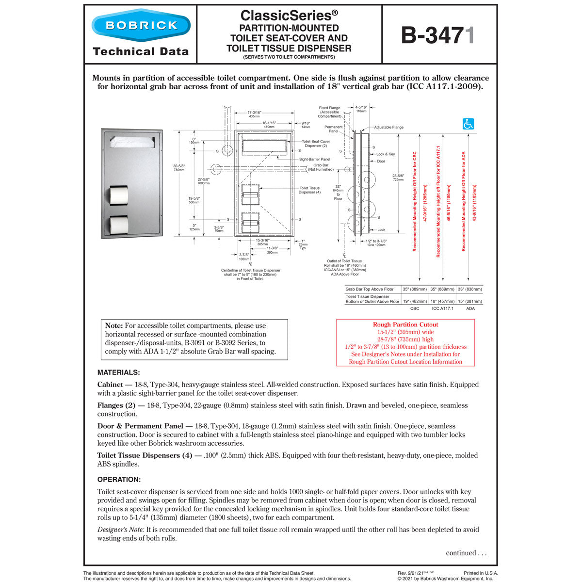 Bobrick B-3471 Combination Commercial Seat-Cover Dispenser/Toilet Paper Dispenser, Partition-Mounted, Stainless Steel