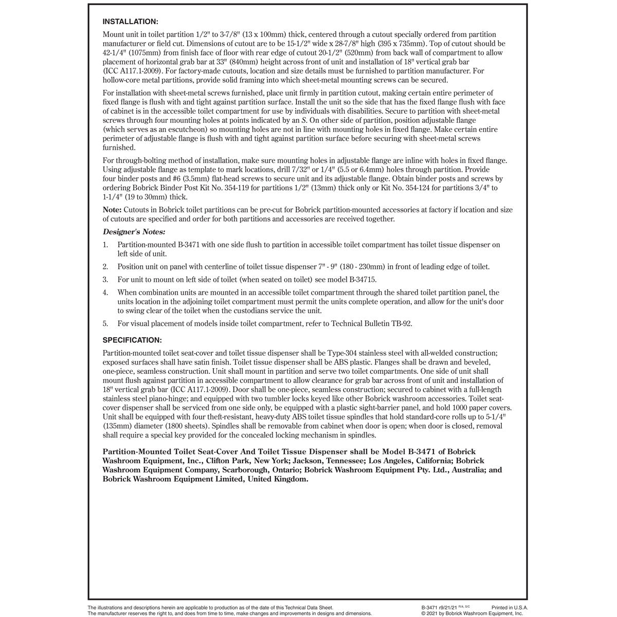 Bobrick B-3471 Combination Commercial Seat-Cover Dispenser/Toilet Paper Dispenser, Partition-Mounted, Stainless Steel