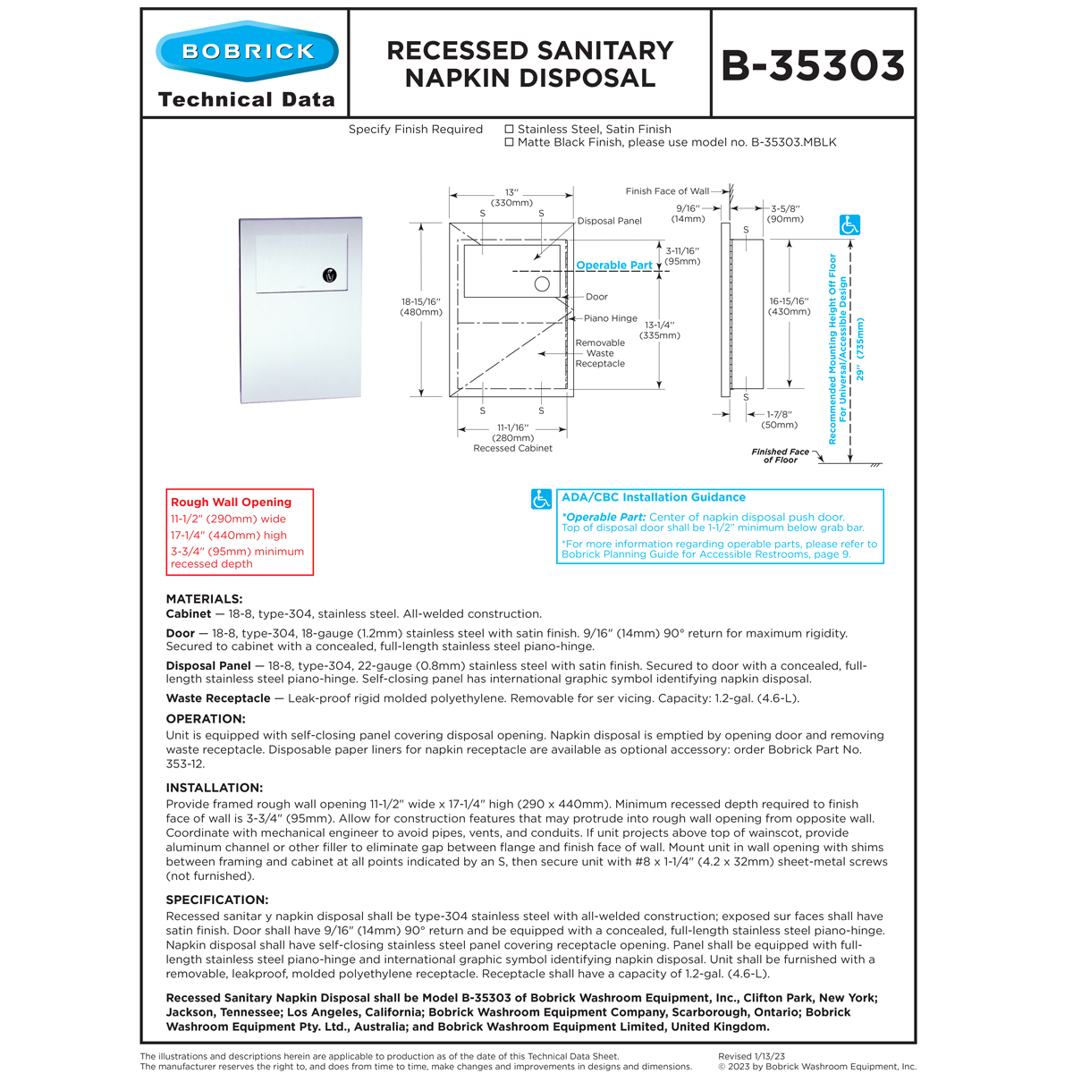 Bobrick B-35303 Commercial Restroom Sanitary Napkin/Tampon Disposal, Recessed-Mounted, Stainless Steel