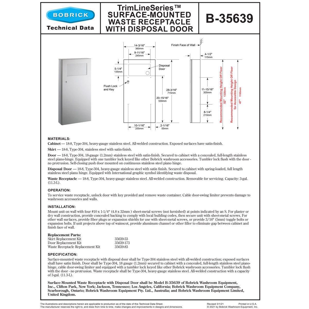 Bobrick B-35639 Commercial Restroom Sanitary Waste Bin, 11 L, Surface-Mounted, 14-3/16