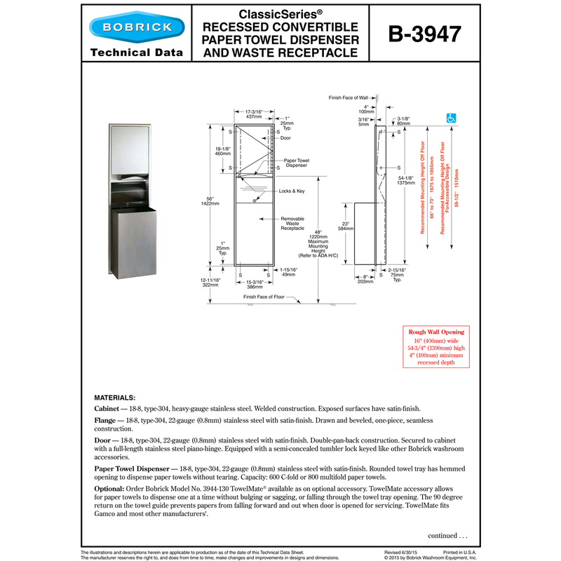 Bobrick B-3947 Combination Commercial Paper Towel Dispenser/Waste Receptacle, Recessed-Mounted, Stainless Steel