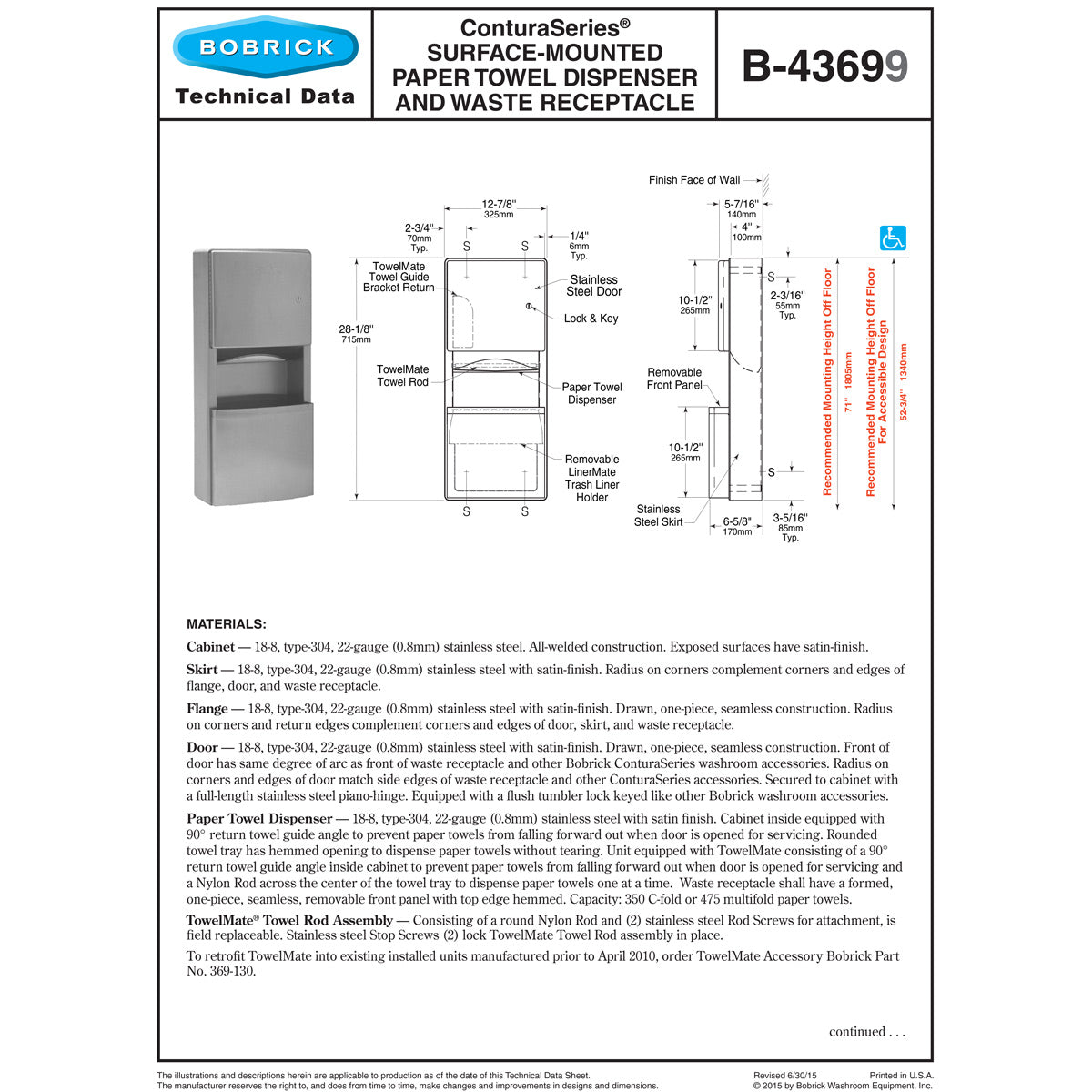 Bobrick B-43699 Combination Commercial Paper Towel Dispenser/Waste Receptacle, Surface-Mounted, Stainless Steel