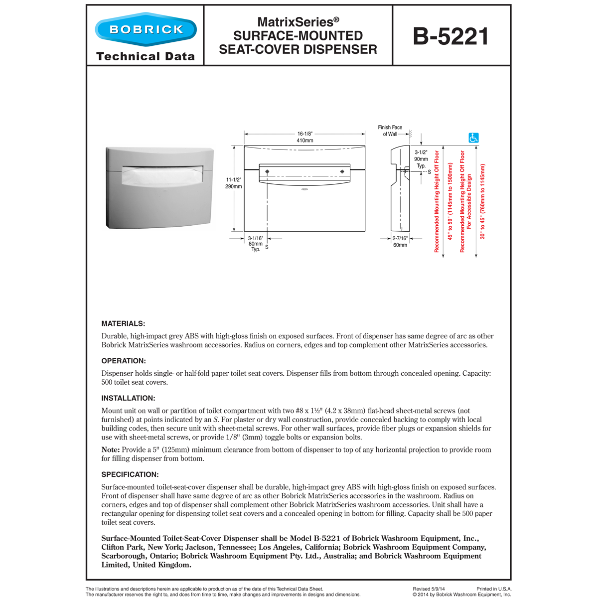 Bobrick B-5221 Commercial Toilet Seat Cover Dispenser, Surface-Mounted