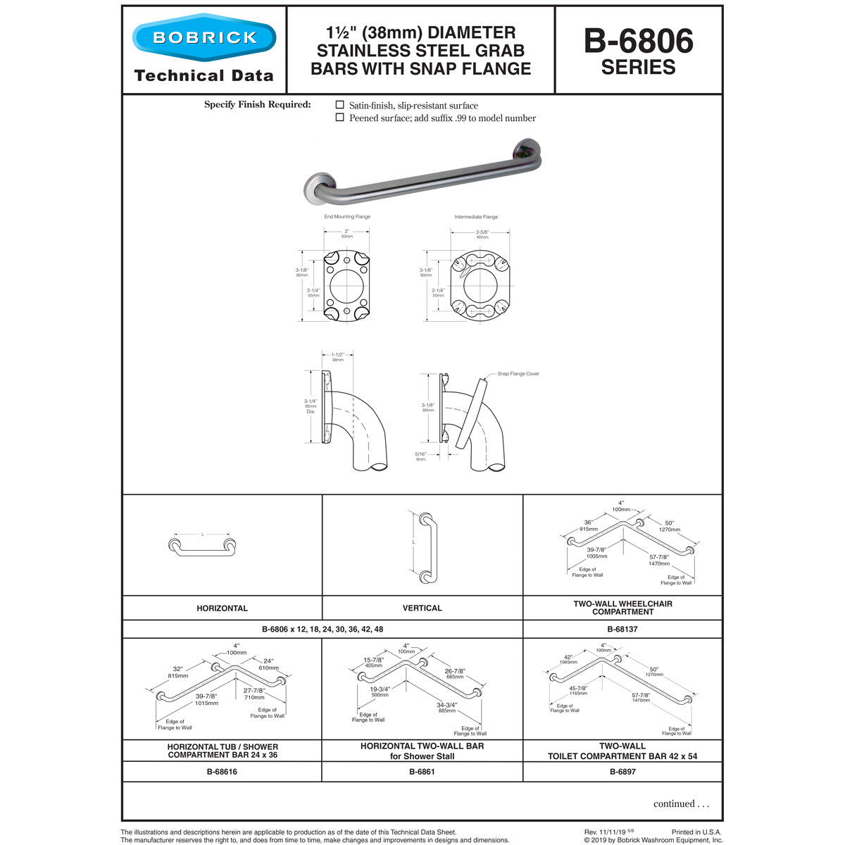 Bobrick B-6806x30 (30 x 1.5) Commercial Grab Bar, 1-1/2" Diameter x 30" Length, Concealed-Mounted, Stainless Steel
