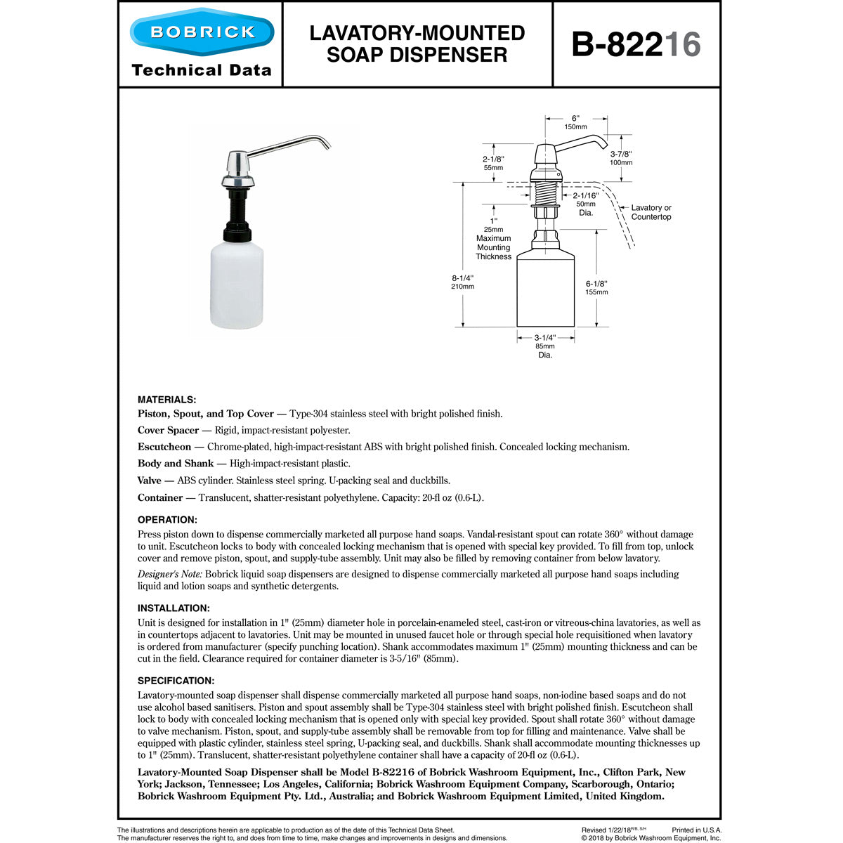 Bobrick B-82216 Commercial Liquid Soap Dispenser, Countertop Mounted, Push Button, Stainless Steel - 6