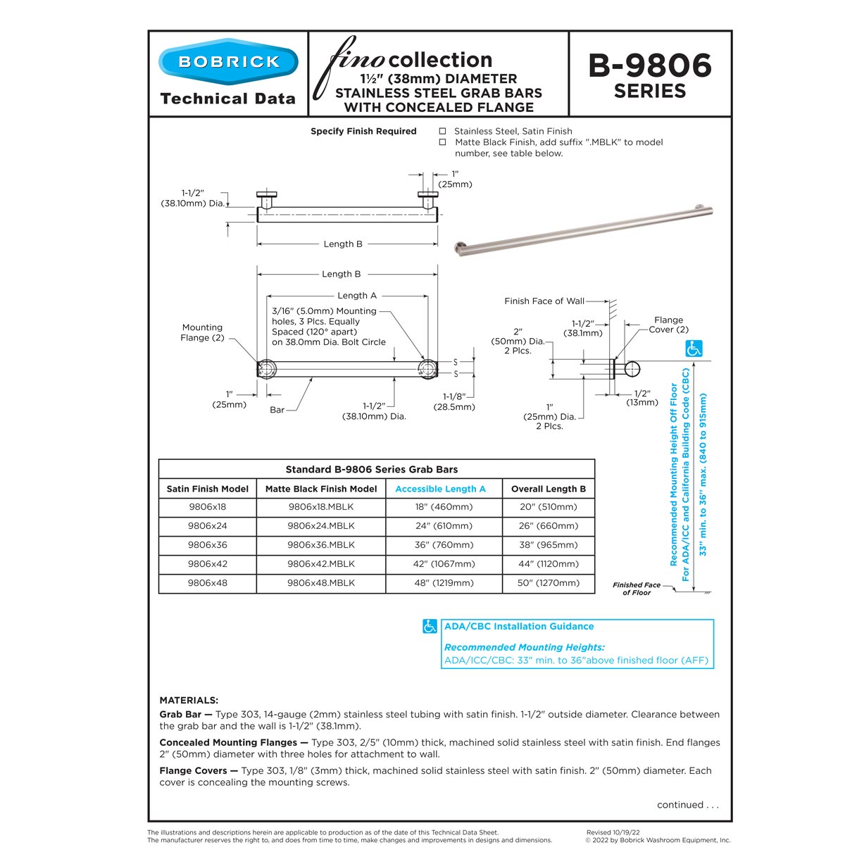 Bobrick 9806x36.MBLK FINO Grab Bar 36