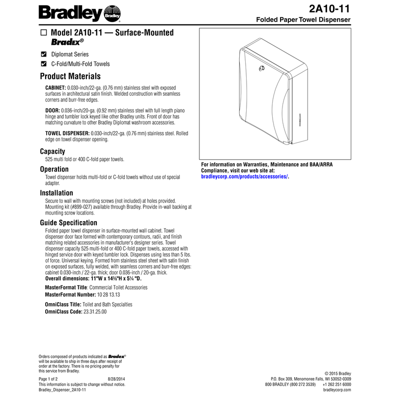 Bradley 2A10-11 Commercial Paper Towel Dispenser, Surface-Mounted, Stainless Steel