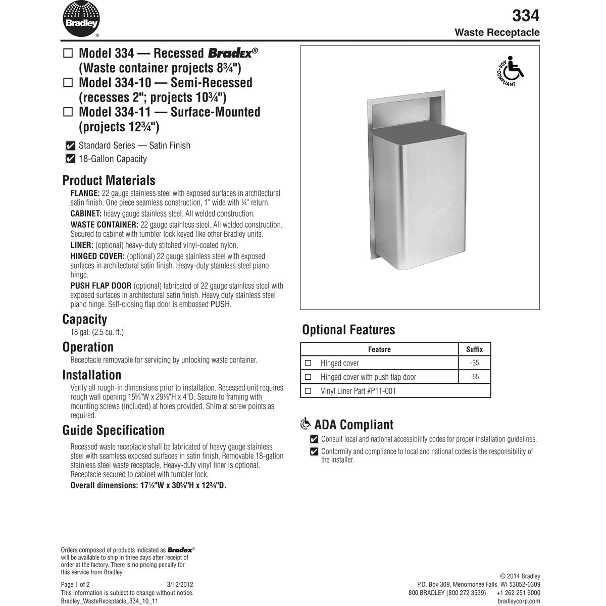Bradley 334-11 Commercial Restroom Waste Receptacle, 18 Gallon, Surface-Mounted, 17-1/8