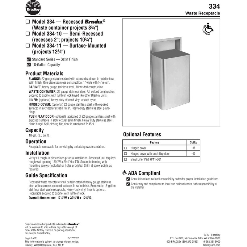 Bradley 334-11 Commercial Restroom Waste Receptacle, 18 Gallon, Surface-Mounted, 17-1/8" W x 30-5/8" H, 12-3/4" D, Stainless Steel