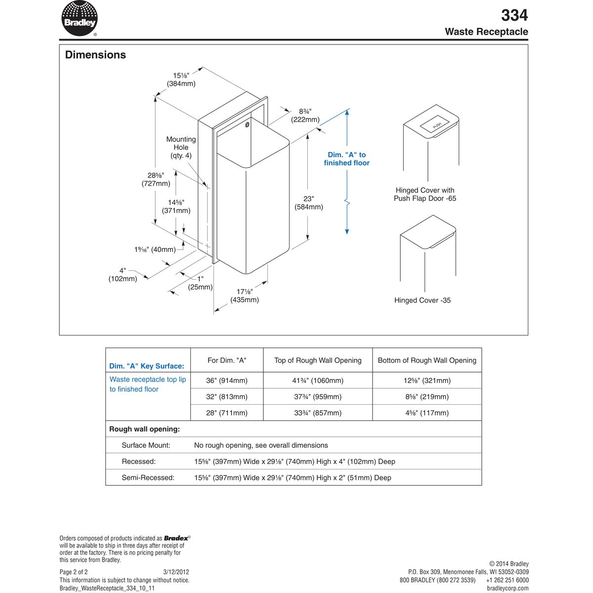 Bradley 334-10 Commercial Restroom Sanitary Waste Bin, 18 Gallon, Semi-Recessed-Mounted, 17-1/8