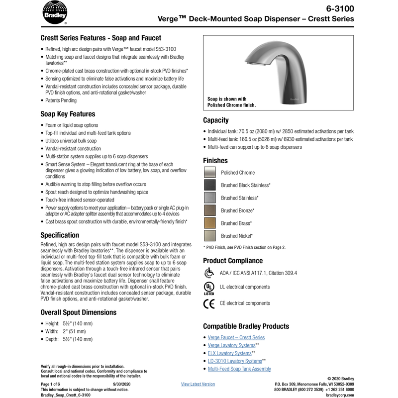 Bradley (6-3100) RLT-BN Touchless Counter Mounted Sensor Soap Dispenser, Brushed Nickel, Crestt Series