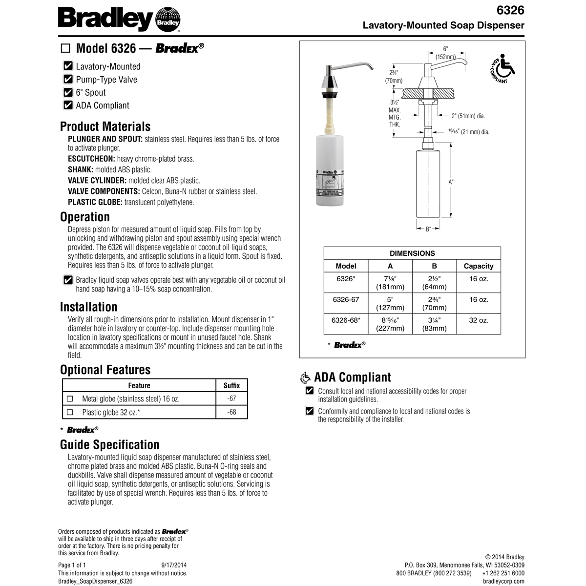 Bradley 6326-00 Commercial Liquid Soap Dispenser, Countertop Mounted, Manual-Push, Stainless Steel - 6" Spout Length