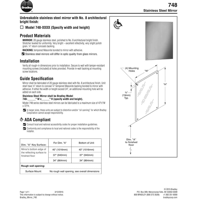 Bradley 748-016240 (16 x 24) Commercial Restroom Mirror, Frameless, 16" W x 24" H, Stainless Steel w/ Bright-Polished Finish