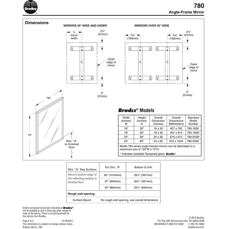 Bradley 780-030480 (30 x 48) Commercial Restroom Mirror, Angle Frame, 30" W x 48" H, Stainless Steel w/ Satin Finish