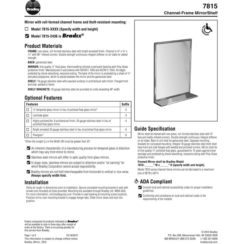 Bradley 7815-018300 (18 x 30) Commercial Restroom Mirror w/ Shelf, Channel Frame, 18" W x 30" H, Stainless Steel w/ Bright-Polished Finish