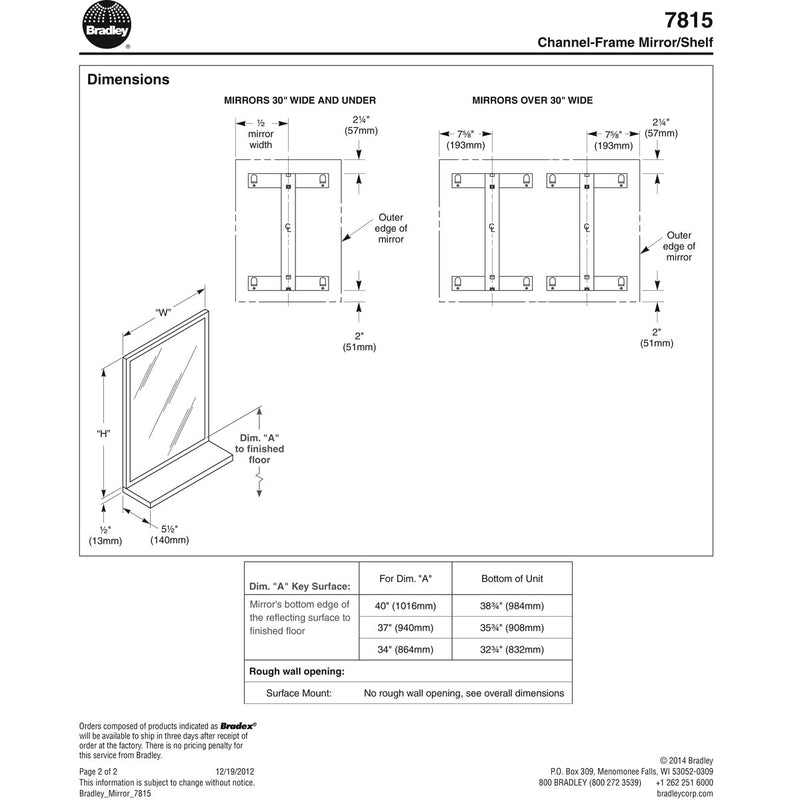 Bradley 7815-018360 (18 x 36) Commercial Restroom Mirror w/ Shelf, Channel Frame, 18" W x 36" H, Stainless Steel w/ Bright-Polished Finish