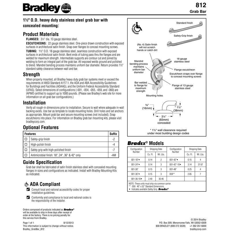 Bradley 8122-001360 (36 x 1.5) Commercial Grab Bar, 1-1/2" Diameter x 36" Length, Stainless Steel