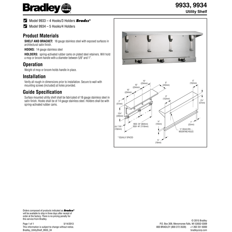 Bradley 9934-00 Commercial Mop & Broom Holder, 5 Hooks/4 Holders 13-3/4" H x 34" L, Stainless Steel