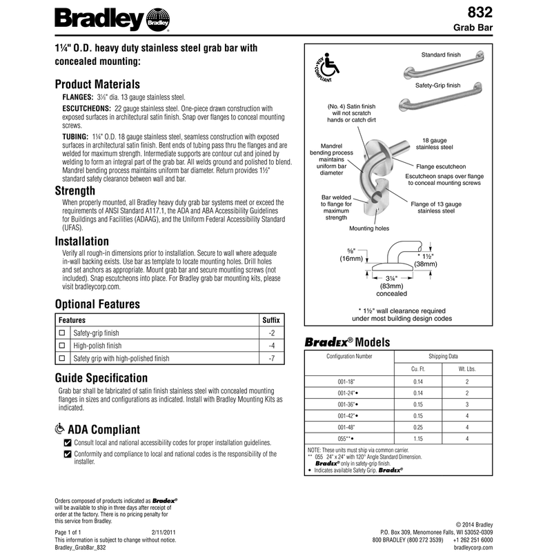 Bradley 8320-001240 (24 x 1.25) Grab Bar, 1-1/4" Diameter x 24" Length, Stainless Steel