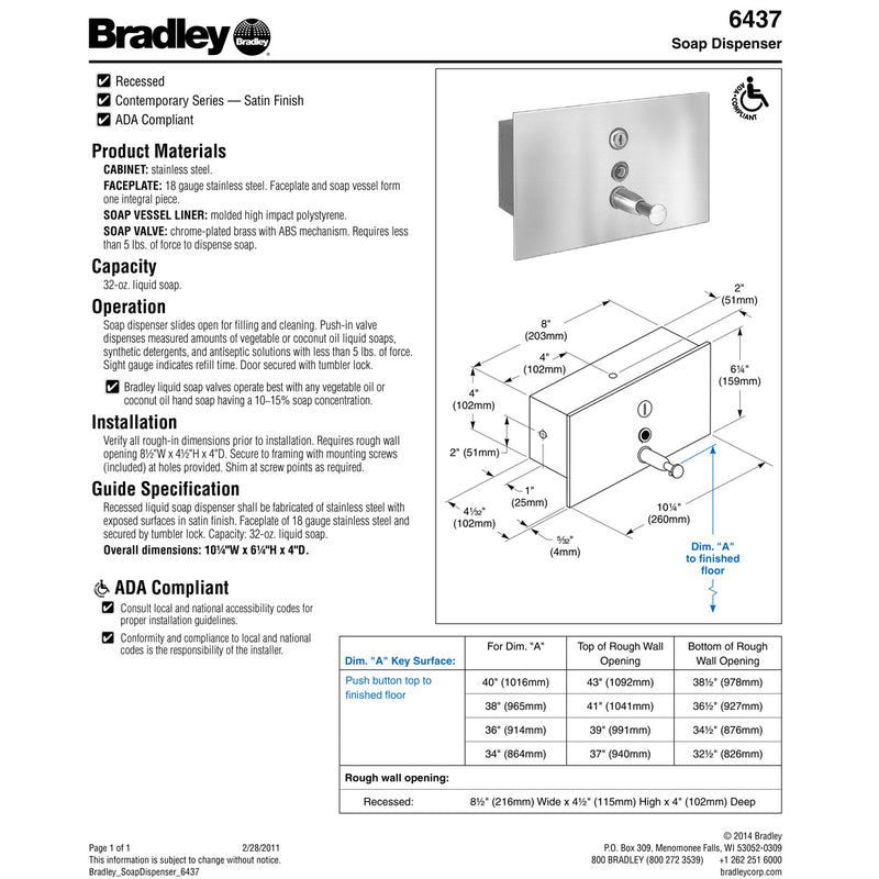 Bradley 6437-00 Commercial Liquid Soap Dispenser, Recessed-Mounted, Manual-Push, Stainless Steel - 50 Oz
