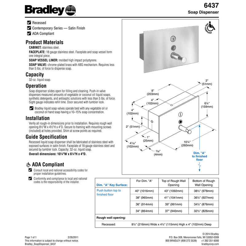 Bradley 6437-00 Commercial Liquid Soap Dispenser, Recessed-Mounted, Manual-Push, Stainless Steel - 32 Oz