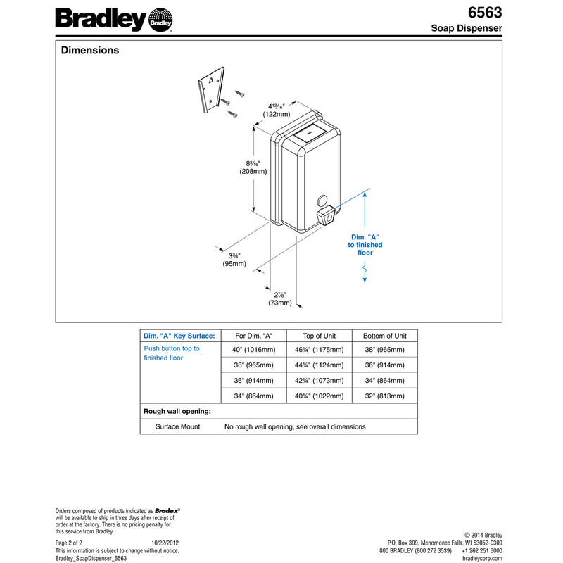 Bradley 6563 Commercial Liquid Soap Dispenser, Surface-Mounted, Manual-Push, Stainless Steel - 40 Oz