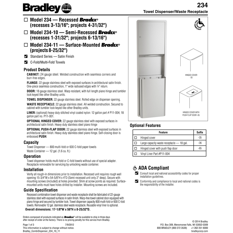 Bradley 234-11 Commercial Paper Towel Dispenser/Waste Receptacle, Surface-Mounted, Stainless Steel