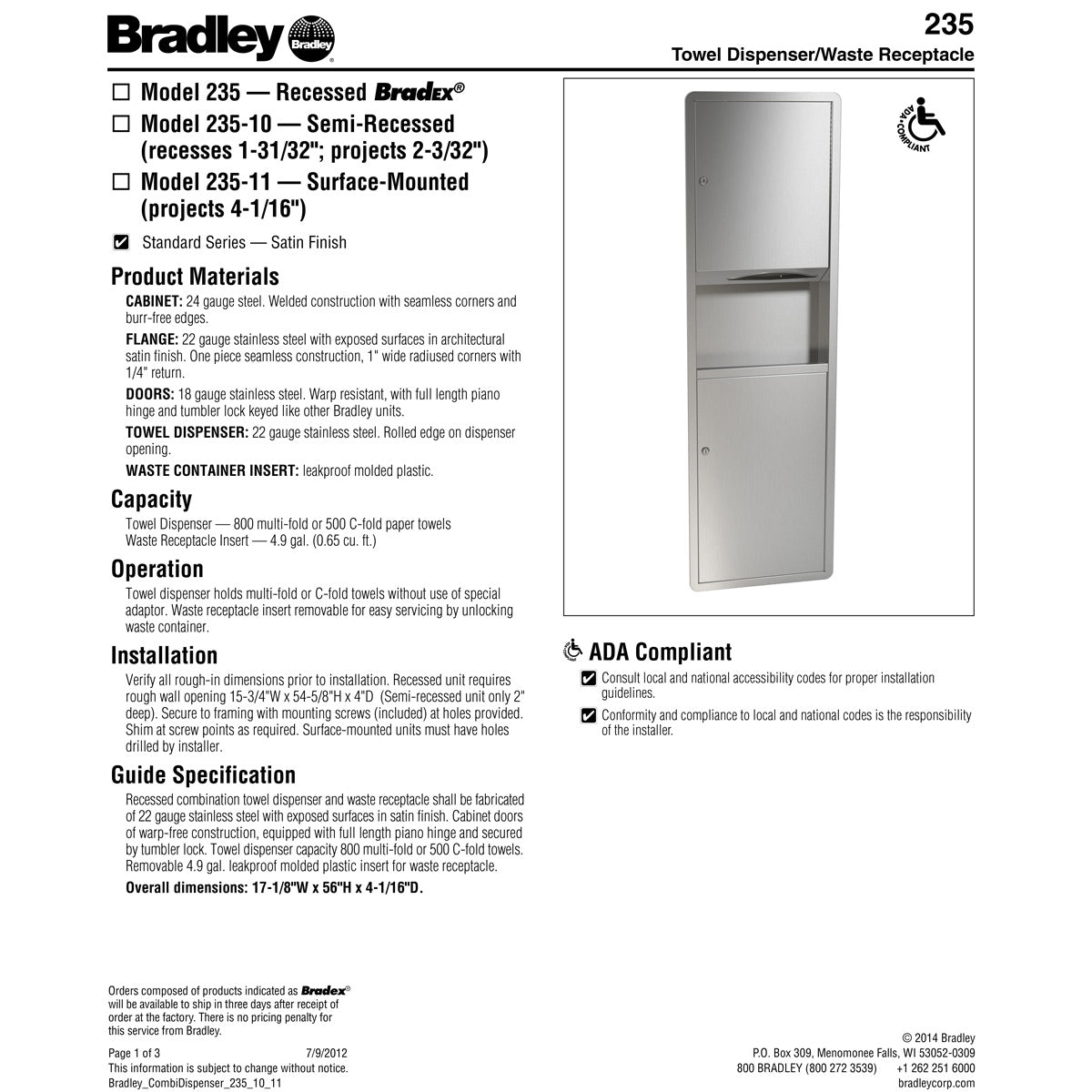 Bradley 235-00 Combination Towel Dispenser /Waste Receptacle, Recessed-Mounted, Stainless Steel