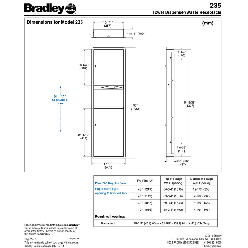 Bradley 235-00 Combination Towel Dispenser /Waste Receptacle, Recessed-Mounted, Stainless Steel