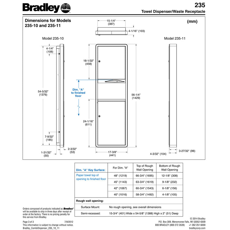 Bradley 235-00 Combination Towel Dispenser /Waste Receptacle, Recessed-Mounted, Stainless Steel