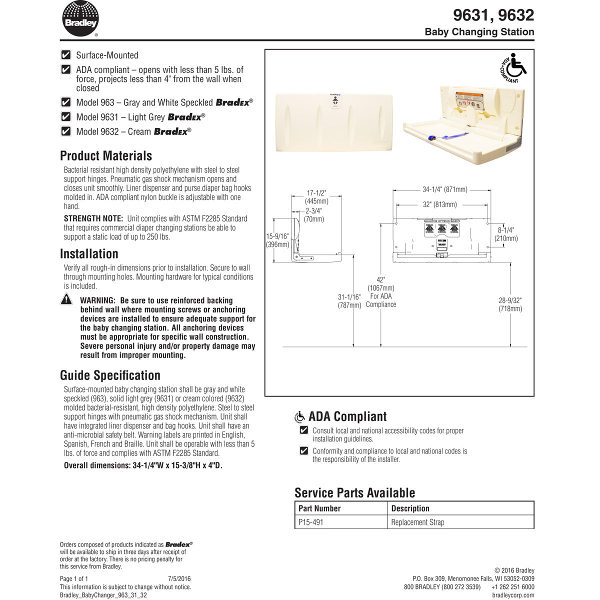 Bradley 9631-00 Baby Changing Station, Surface-Mounted, Plastic