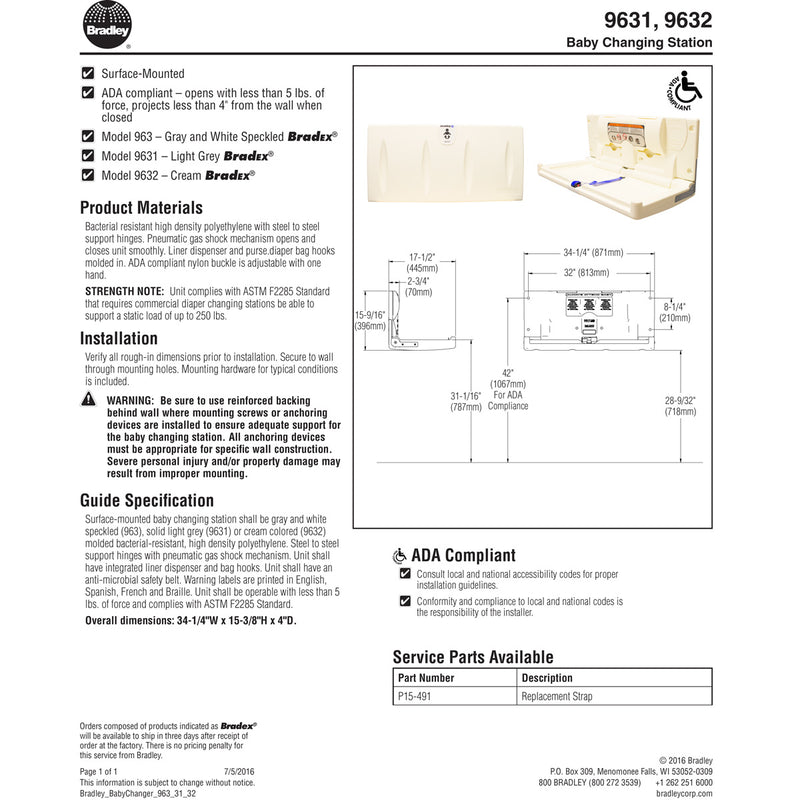 Bradley 9631-00 Baby Changing Station, Surface-Mounted, Plastic